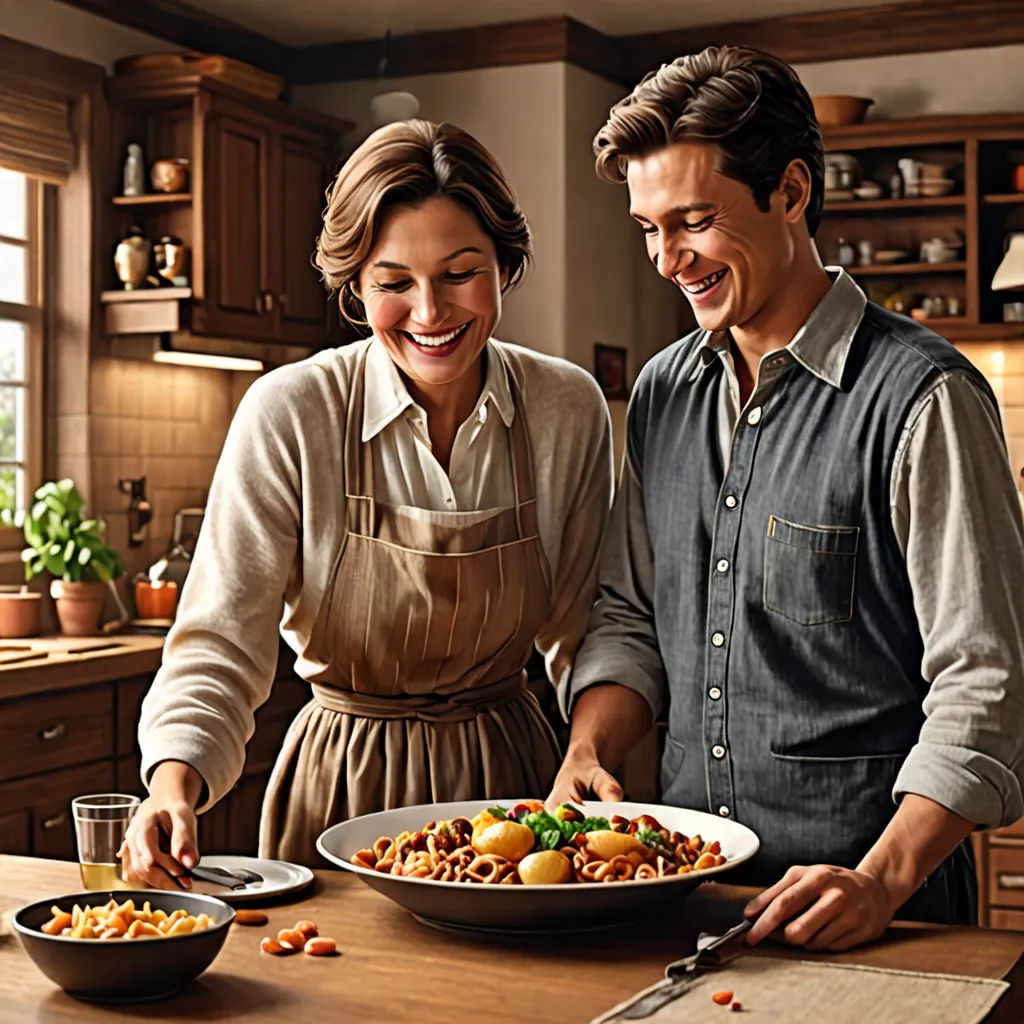 a man and woman are preparing a meal together in the kitchen together, smiling and looking at the camera, photorealism, a stock photo, Christian Hilfgott Brand, promotional image
