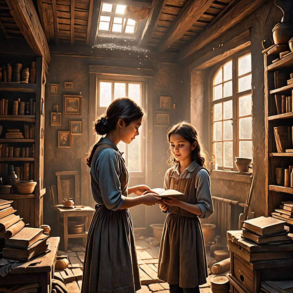 a painting of two girls in a library reading books together, with a window to the outside of the room, magical realism, a detailed matte painting, Brad Kunkle, cinematic photography