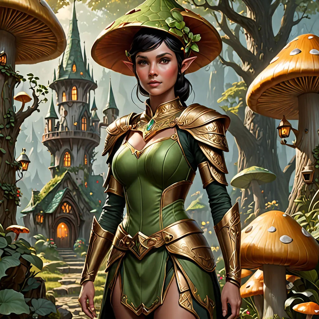 a woman in a green dress and hat standing in a forest with mushrooms and mushrooms on the ground and a house in the background, fantasy art, a detailed painting, Clint Cearley, magic the gathering artwork