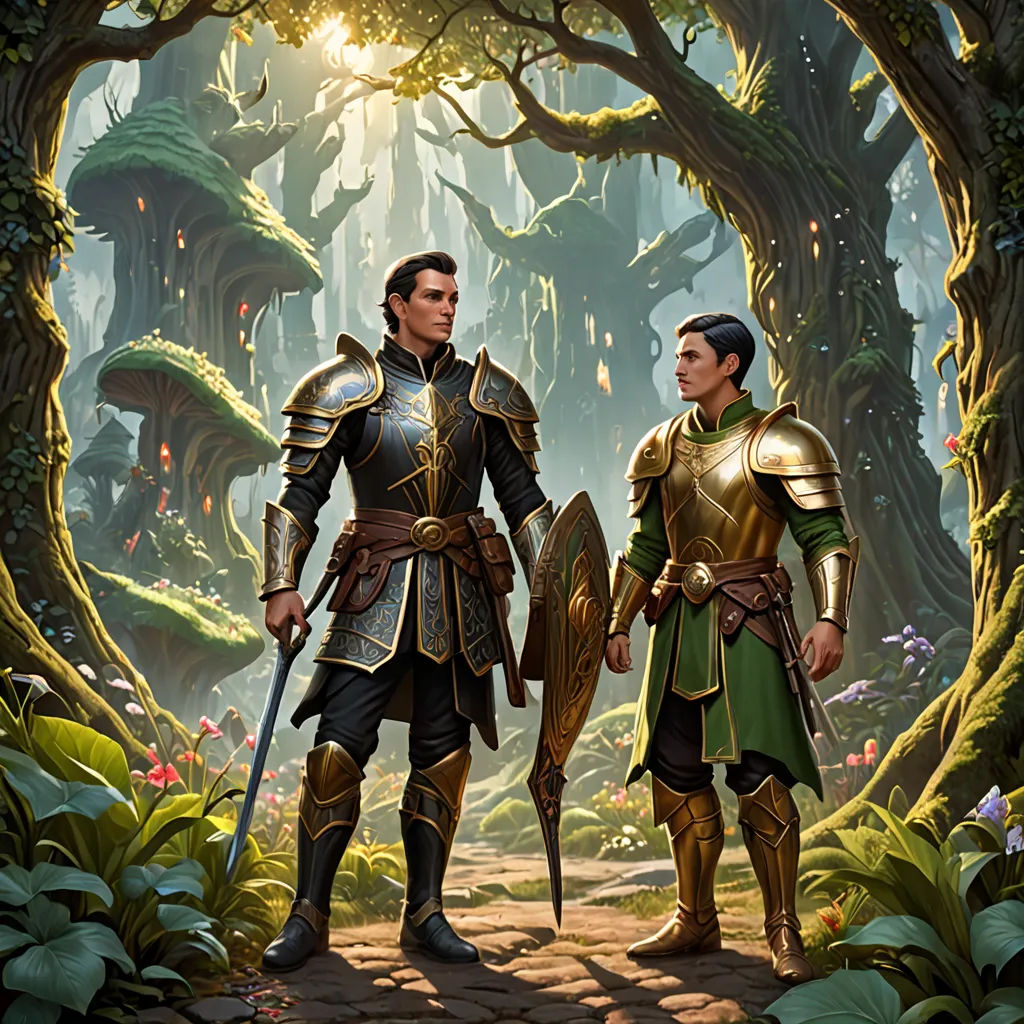 two men in armor standing in a forest with trees and plants behind them, one holding a sword and the other holding a shield, fantasy art, concept art, Brothers Hildebrandt, magic the gathering artwork