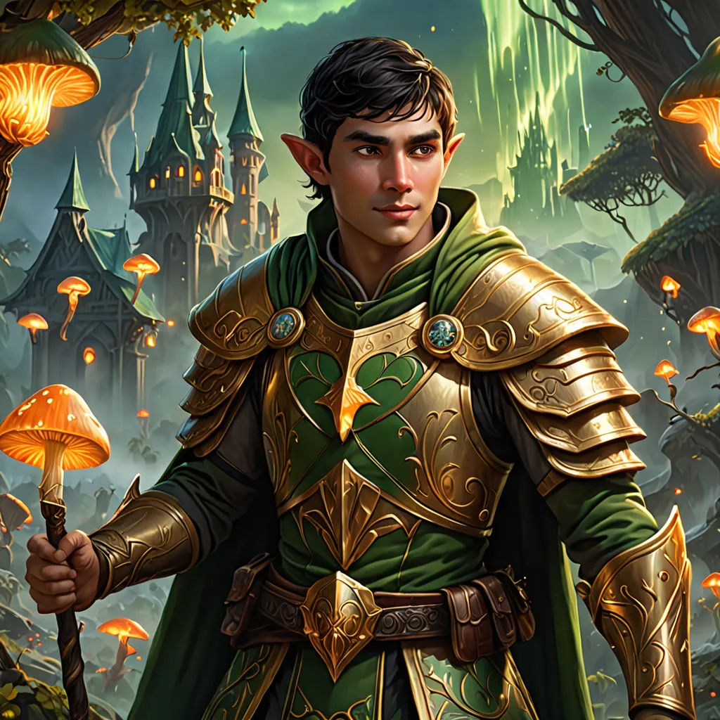 a man in a green and gold outfit holding a stick in a forest with mushrooms and mushrooms on the ground, fantasy art, a character portrait, Clint Cearley, magic the gathering artwork
