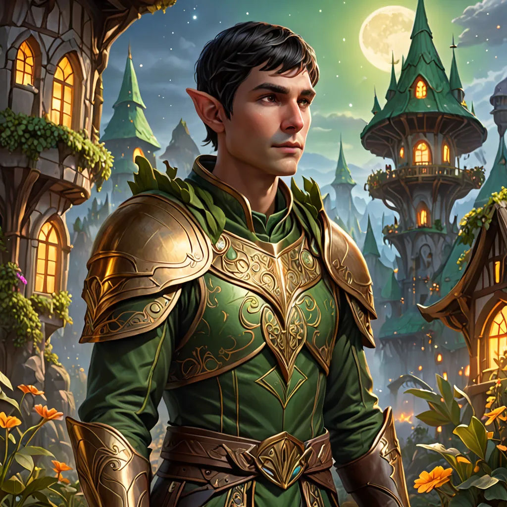 a man in a green suit standing in front of a castle with a full moon in the background and a full moon in the sky, fantasy art, a character portrait, Clint Cearley, epic fantasy character art