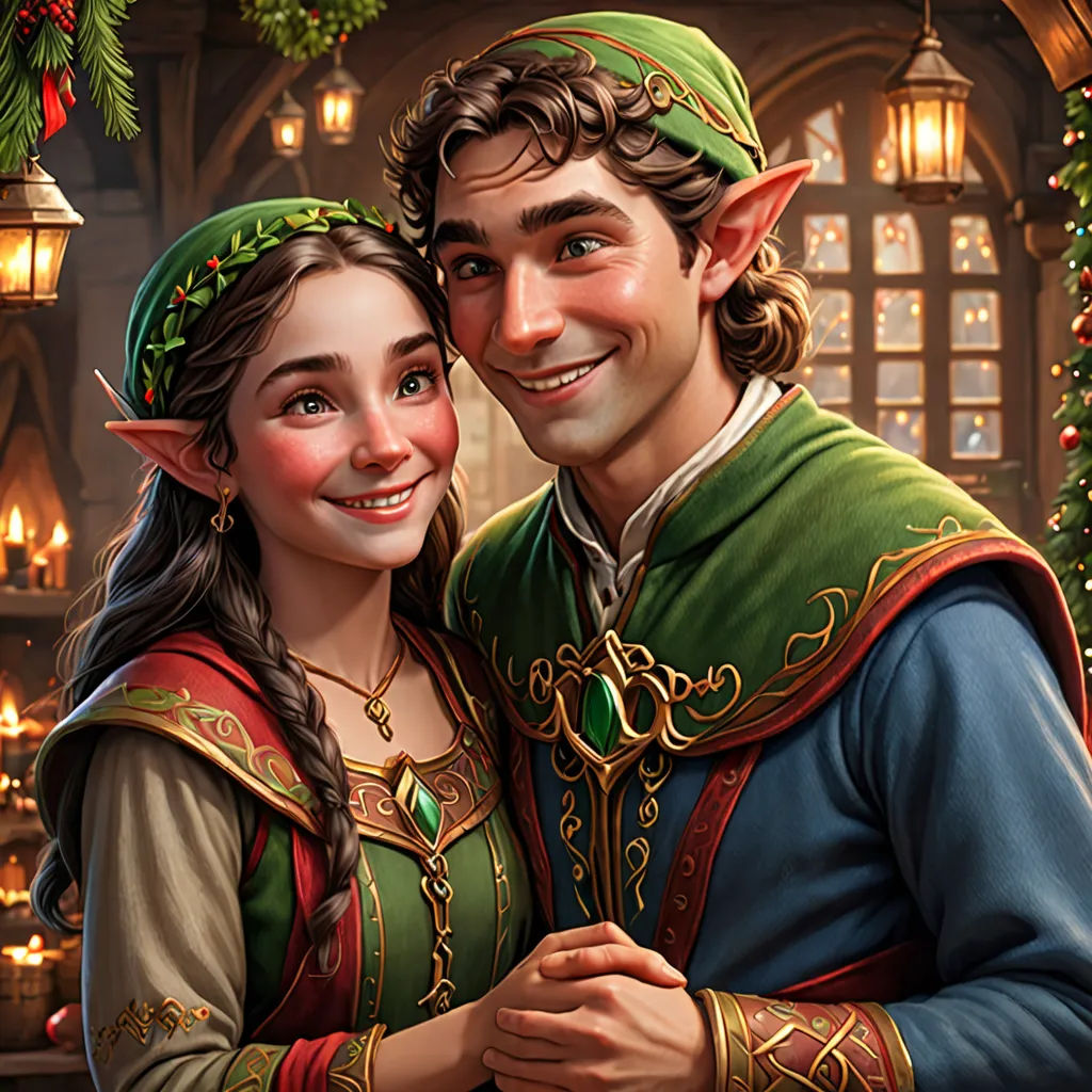 a man and woman dressed in medieval costumes are smiling at the camera while standing next to a christmas tree, fantasy art, a storybook illustration, Anne Stokes, kinkade