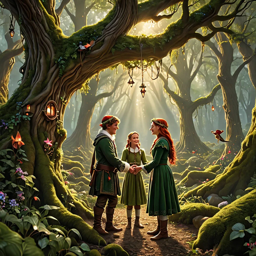 a painting of a couple of people standing in a forest with a tree trunk and a lantern hanging from the ceiling, fantasy art, a storybook illustration, Brothers Hildebrandt, official art