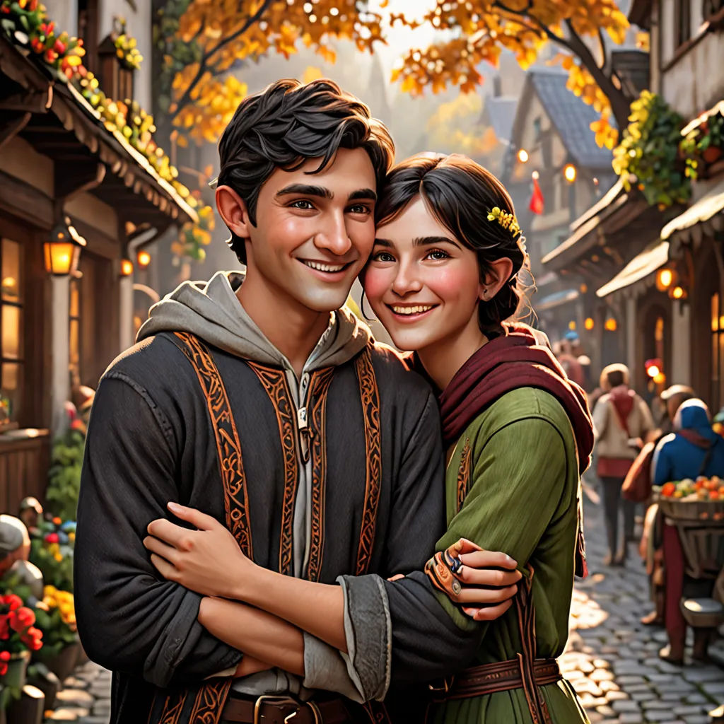 a painting of a couple hugging in a street with flowers on the trees and people walking around the street, photorealism, computer graphics, Eddie Mendoza, official art