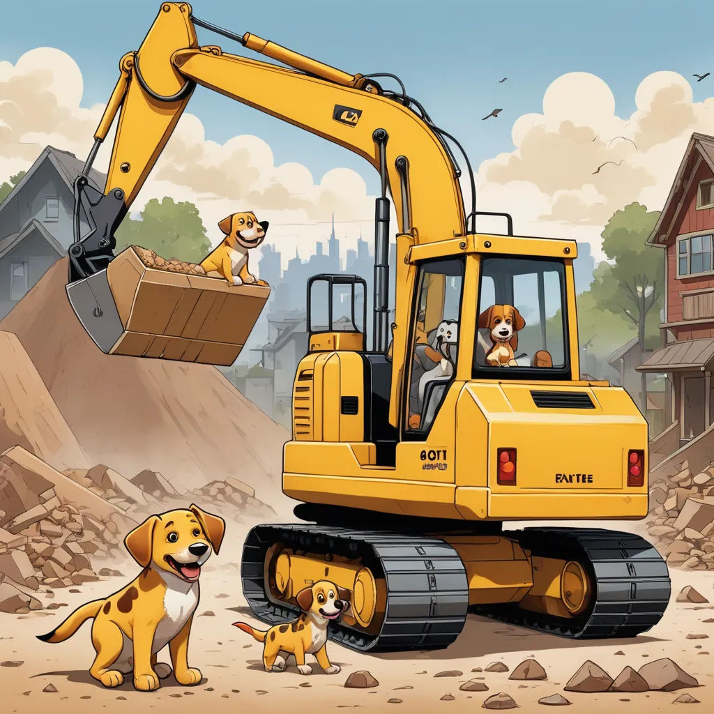 a yellow bulldozer with two dogs and a dog on the front of it, and a man in the back, furry art, a storybook illustration, Don Bluth, official art