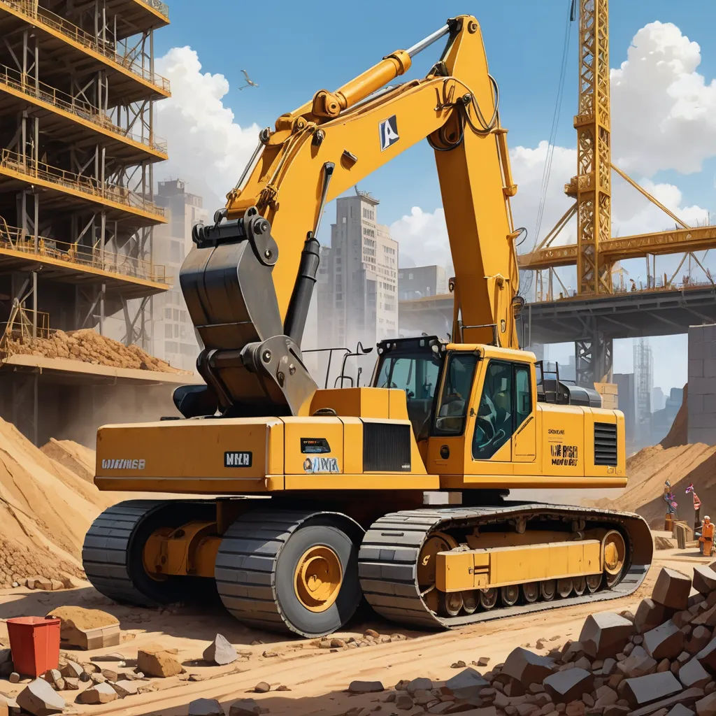a large yellow construction vehicle parked in front of a building under construction with a crane on top of it, photorealism, a photorealistic painting, Chris LaBrooy, highly detailed digital painting