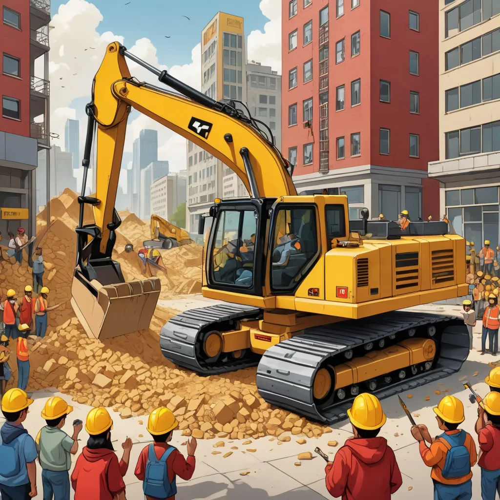 a group of people standing around a construction site with a bulldozer in the middle of the road, auto-destructive art, a storybook illustration, Asaf Hanuka, highly detailed digital painting
