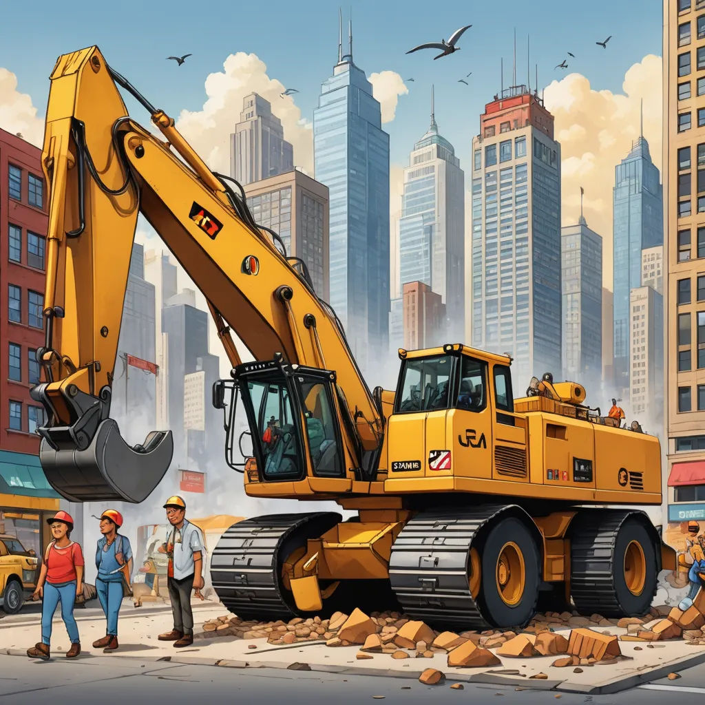a painting of a construction site with a large yellow bulldozer in the middle of the road and people standing around, american scene painting, a digital rendering, F Scott Hess, highly detailed digital painting
