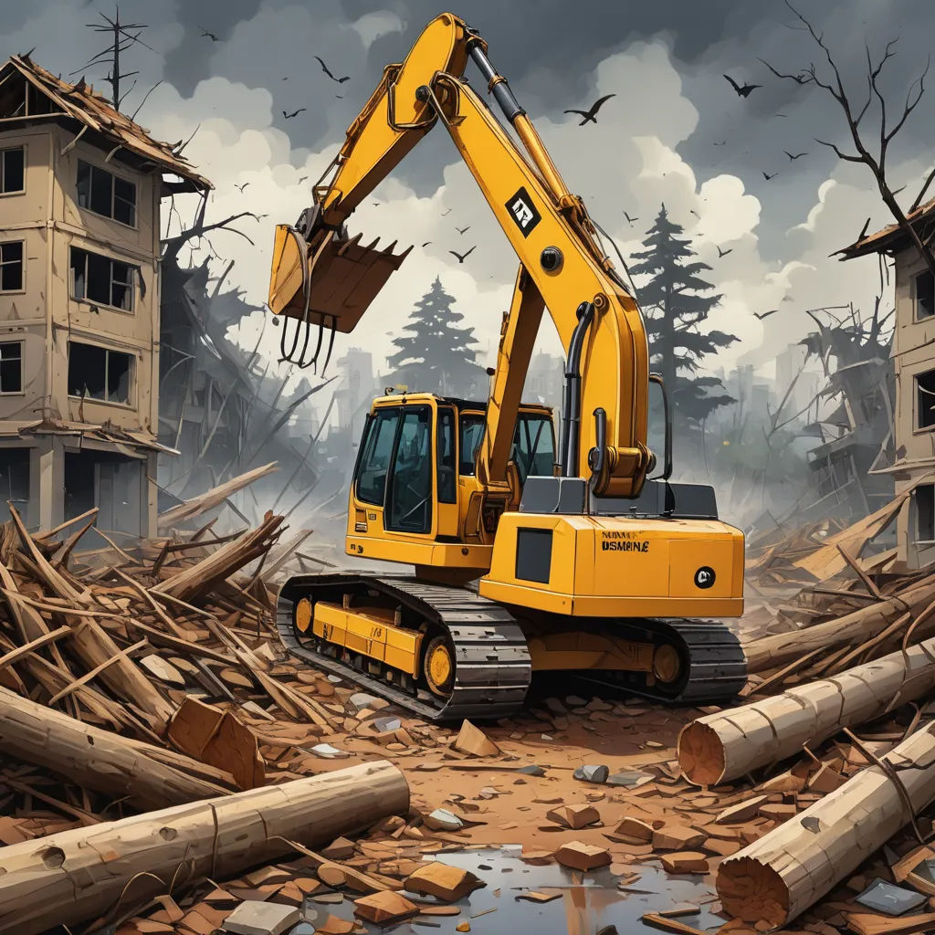 a yellow construction vehicle is in a pile of wood and debris in front of a building with a crane, auto-destructive art, a detailed matte painting, Cyril Rolando, highly detailed digital painting