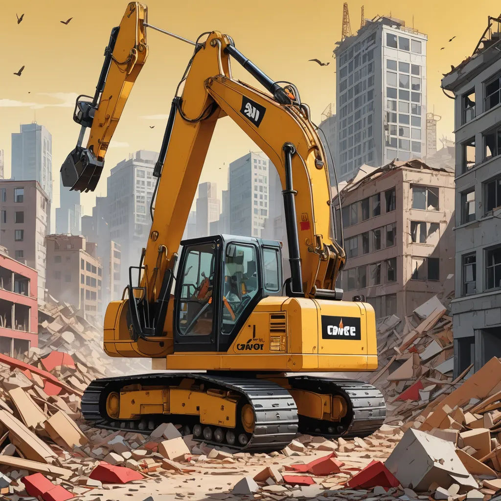 a yellow bulldozer is in a demolished area with birds flying overhead and buildings in the background,, auto-destructive art, a digital rendering, Cliff Childs, highly detailed digital painting