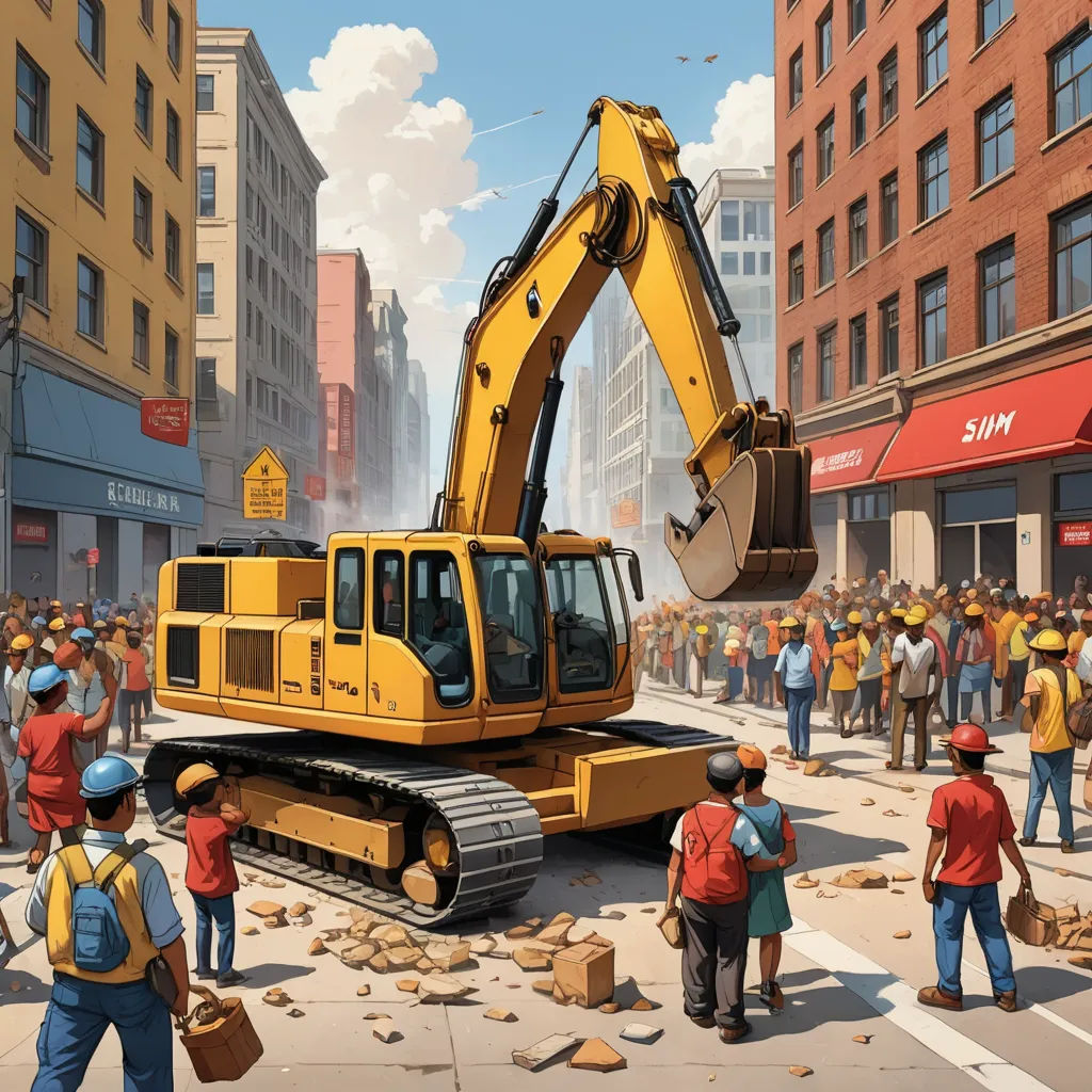a painting of a construction site with a large bulldozer in the middle of the street and people standing around, auto-destructive art, a storybook illustration, Chris LaBrooy, highly detailed digital painting