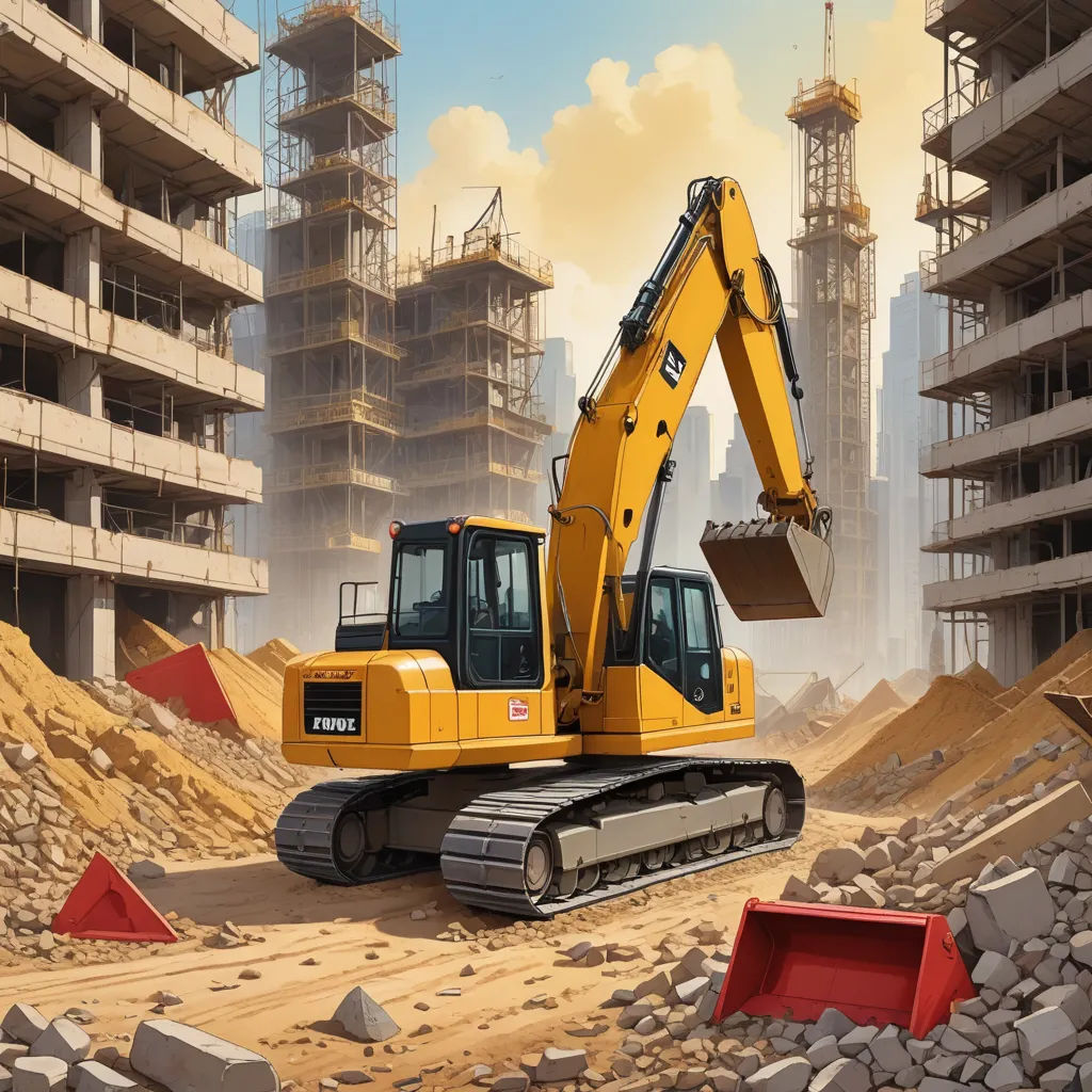 a yellow construction vehicle is parked in a construction area with a large building in the background and a red dump truck in the foreground, photorealism, a digital rendering, Chris LaBrooy, highly detailed digital painting