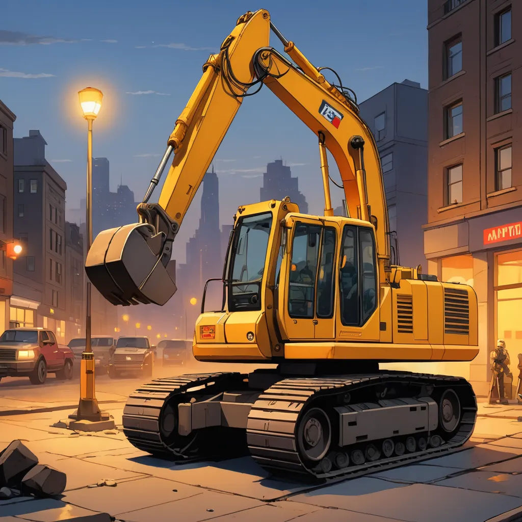 a yellow construction vehicle parked on the side of a road next to a street light and a building with a sign, auto-destructive art, concept art, Evgeny Lushpin, dan mumford. octane render