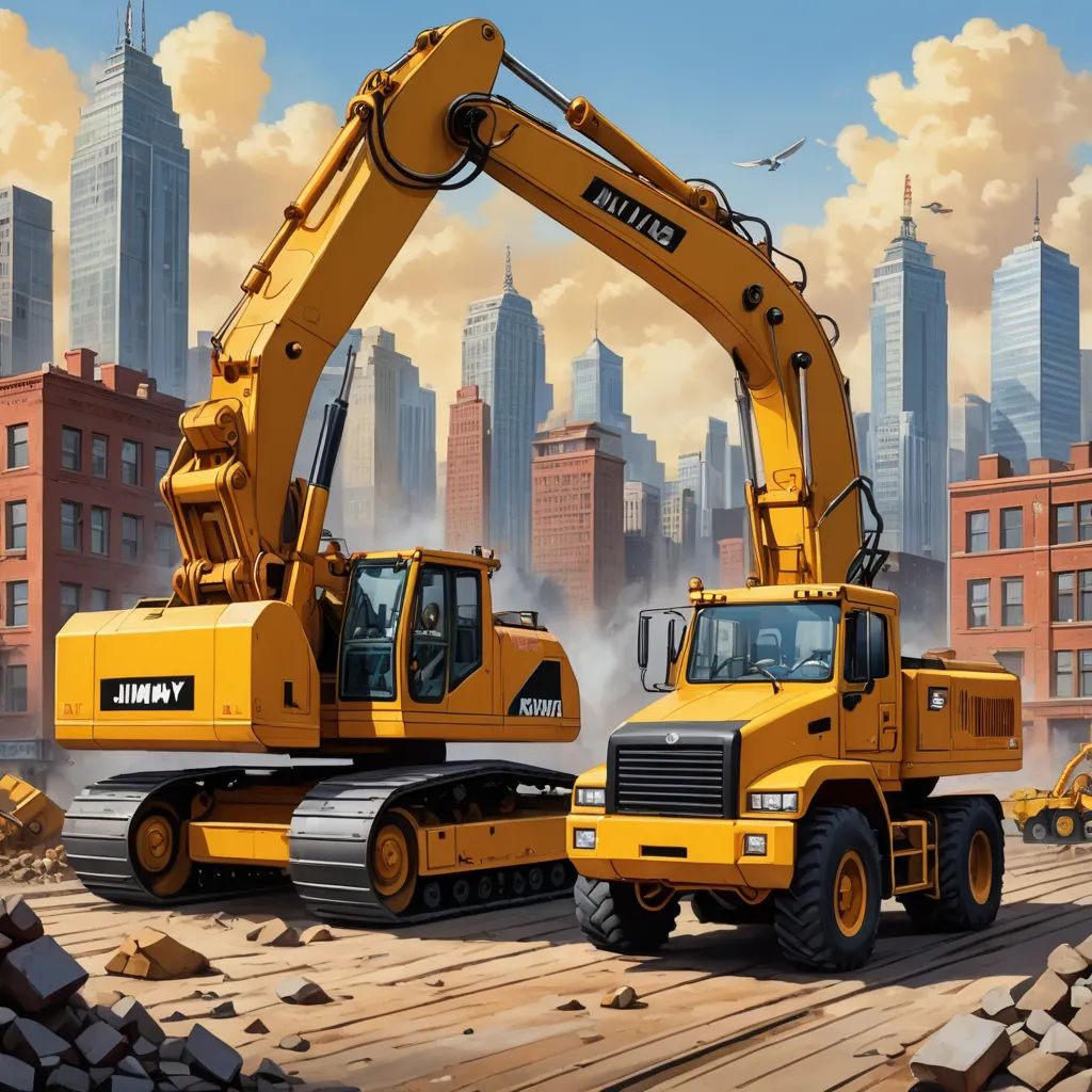 a painting of a construction site with a large yellow crane and a smaller yellow truck in the foreground, precisionism, a digital rendering, Brothers Hildebrandt, highly detailed digital painting