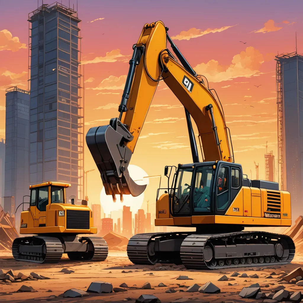 a couple of yellow machines are in a construction area with a city in the background and a sunset in the sky, sots art, a digital rendering, Asaf Hanuka, dan mumford. octane render