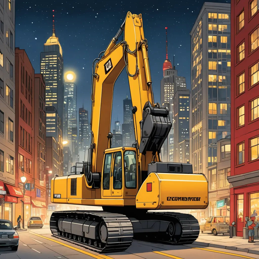a yellow construction vehicle parked on the side of a road in a city at night time with a city skyline in the background, underground comix, a comic book panel, Asaf Hanuka, official art