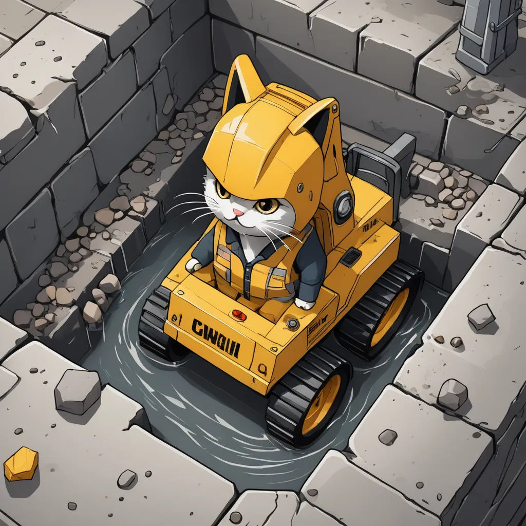 a cat is sitting on a construction vehicle in a hole in the ground, with a brick wall behind it, sots art, a detailed drawing, Carlos Catasse, 2 d game art