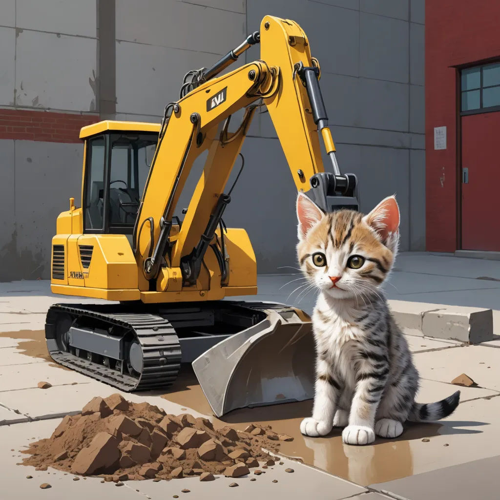 a cat sitting on the ground next to a construction vehicle and a pile of dirt on the ground in front of a building, photorealism, a hyperrealistic painting, Chris LaBrooy, ultra realistic digital art