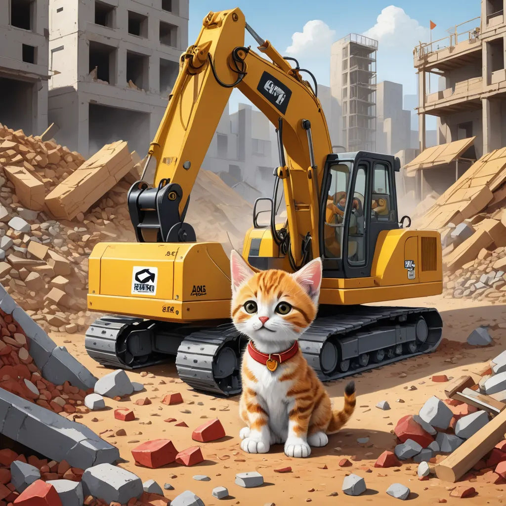 a cat sitting in front of a construction site with a cat on the ground next to it and a construction vehicle in the background, auto-destructive art, a storybook illustration, Chris LaBrooy, official art
