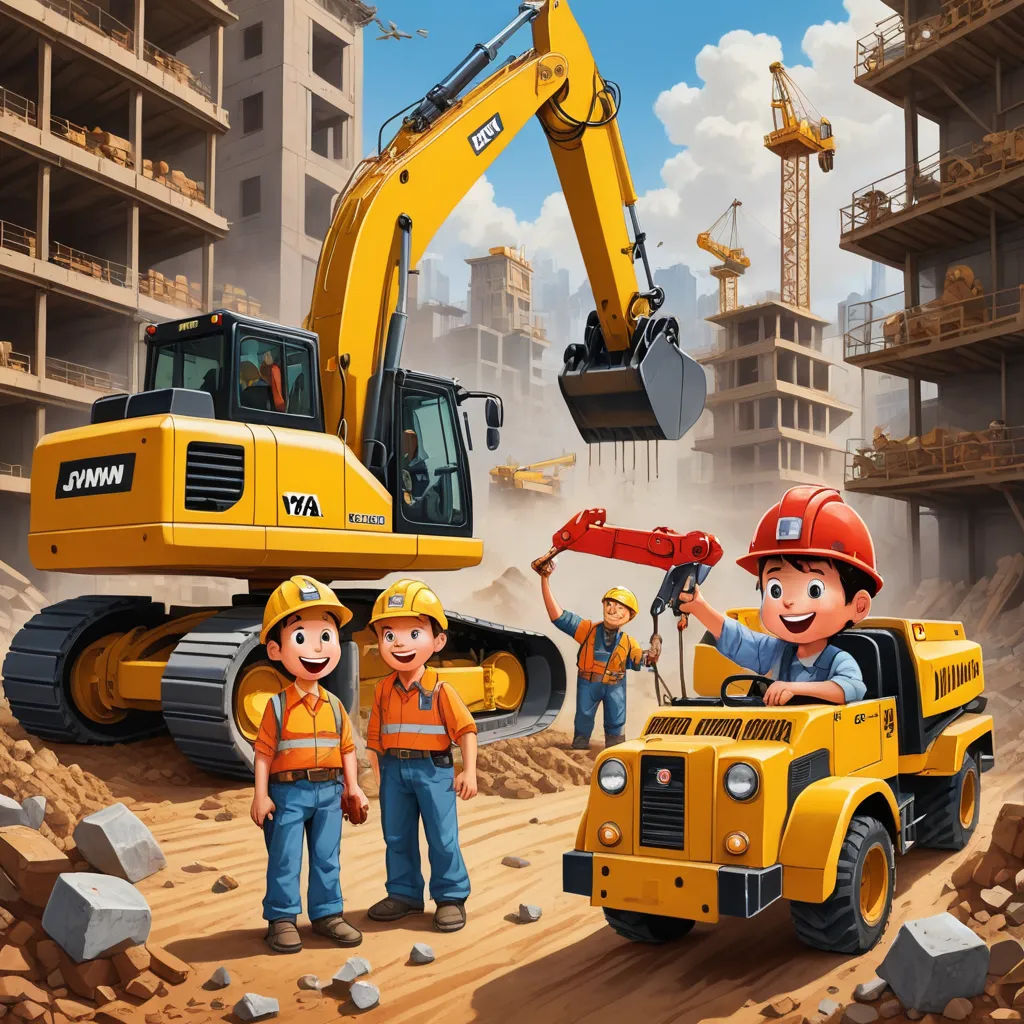 a group of people standing next to a construction truck and a bulldozer in a construction site with a man holding a hammer, lyco art, a storybook illustration, Ejler Bille, highly detailed digital painting