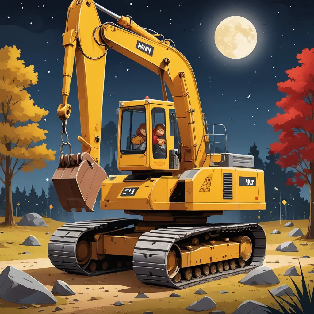 a yellow construction vehicle with a man in the driver seat driving it in the night time with a full moon in the background, sots art, a storybook illustration, Ejler Bille, highly detailed digital painting