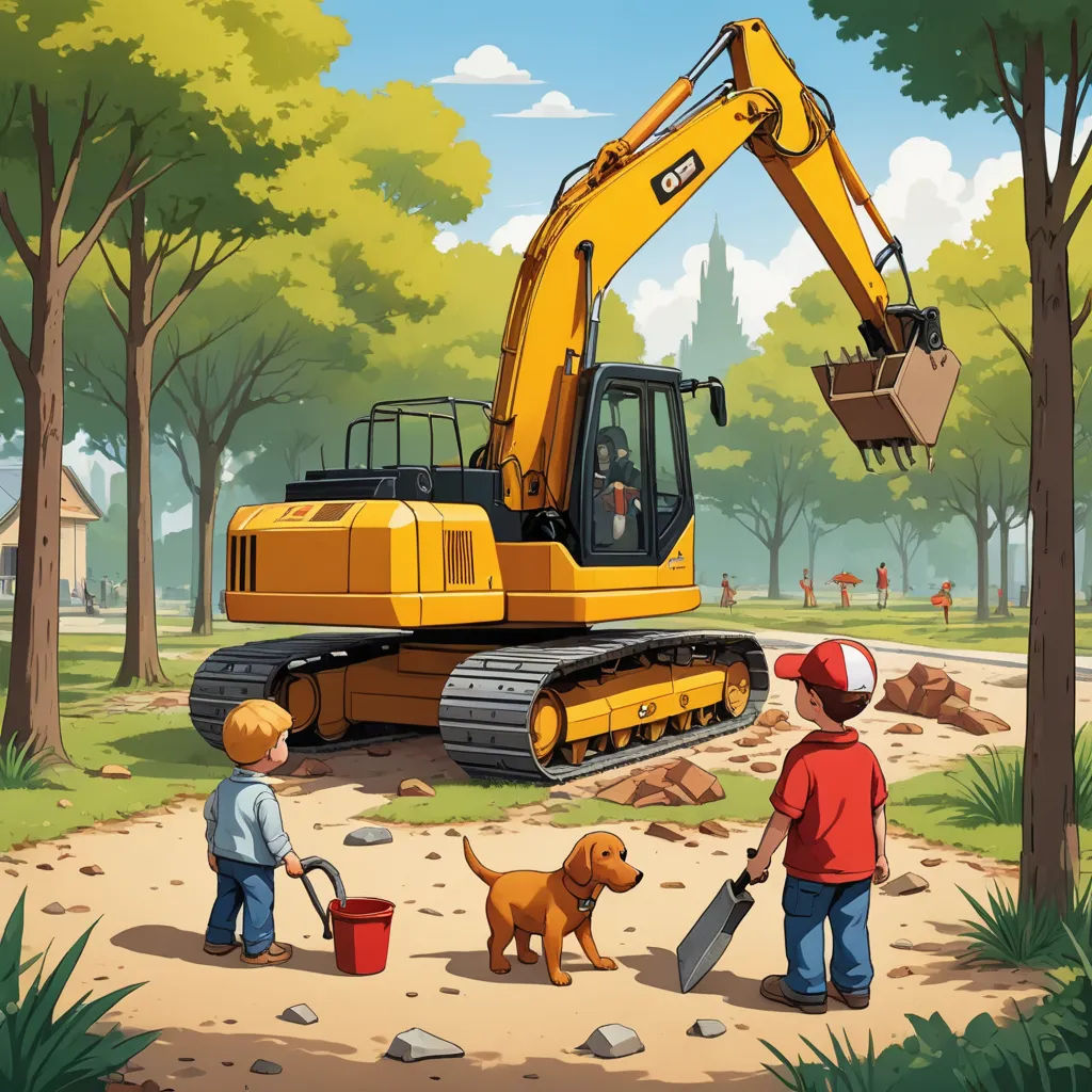 a couple of kids are standing near a construction vehicle and a dog that is digging a hole in the ground, environmental art, a storybook illustration, Chris LaBrooy, highly detailed digital painting
