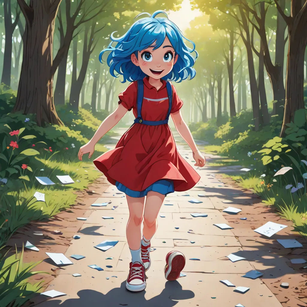 a girl with blue hair is walking down a path in the woods with papers all over her body and shoes, altermodern, a painting, Aya Goda, official art