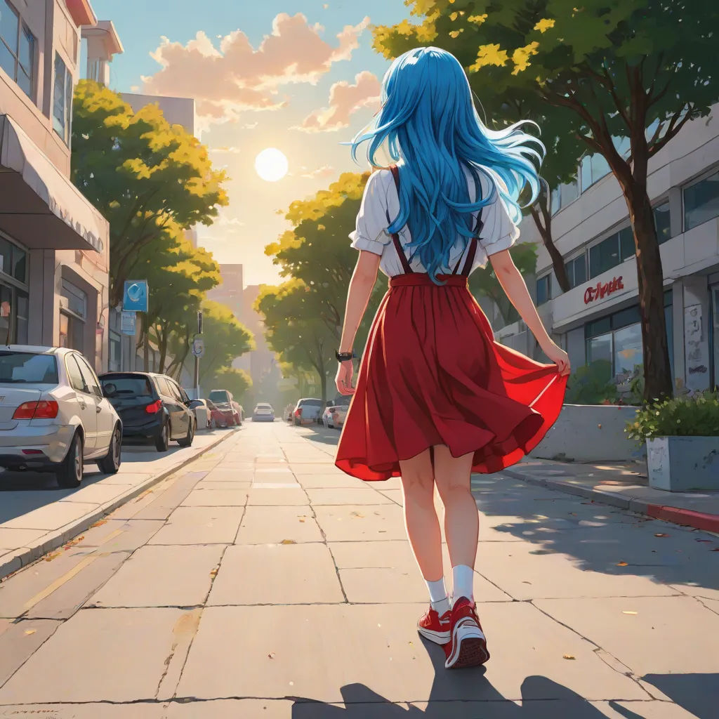 a girl with blue hair walking down a street in a red dress and white shirt with a red bow tie, american scene painting, a painting, Aya Goda, rossdraws global illumination