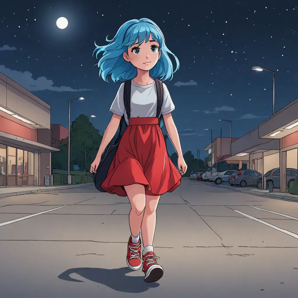 a girl with blue hair walking down a street at night with a backpack on her back and a backpack on her shoulder, serial art, a comic book panel, Atey Ghailan, rossdraws global illumination