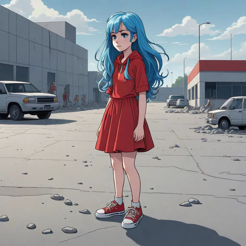 a girl with blue hair and red dress standing in a parking lot with a car parked in the background, serial art, a screenshot, Bedwyr Williams, giantess art