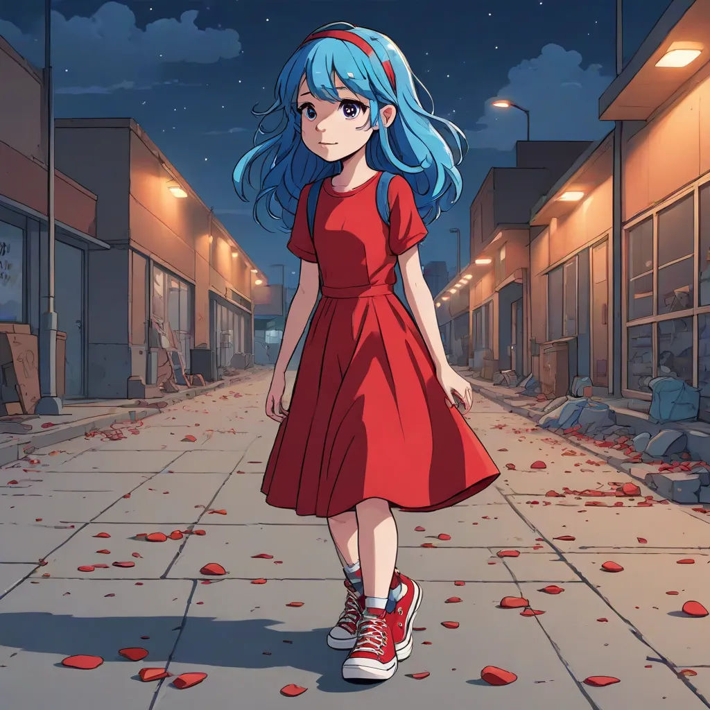 a girl with blue hair and a red dress is walking down a street with red petals on the ground, serial art, an anime drawing, Aya Goda, anime art