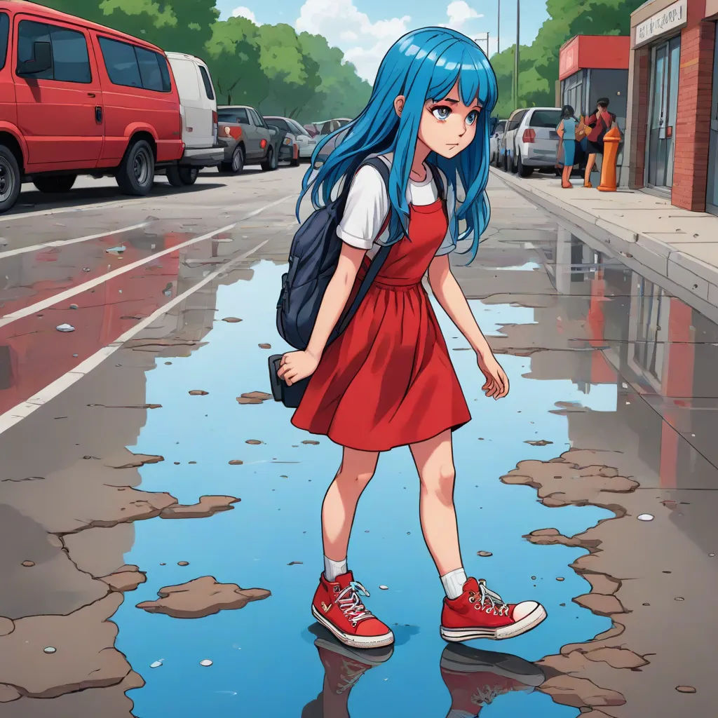 a girl with blue hair and a backpack is standing in a puddle of water on a city street with cars, photorealism, a detailed painting, Cyril Rolando, anime art