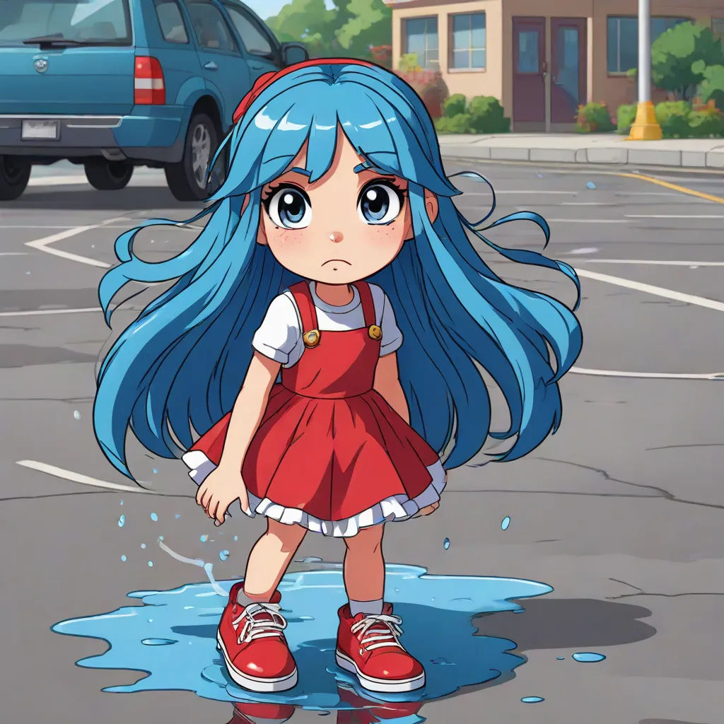 a girl with blue hair standing in a puddle of water in a parking lot with a car behind her, pop surrealism, an anime drawing, Alice Prin, official art