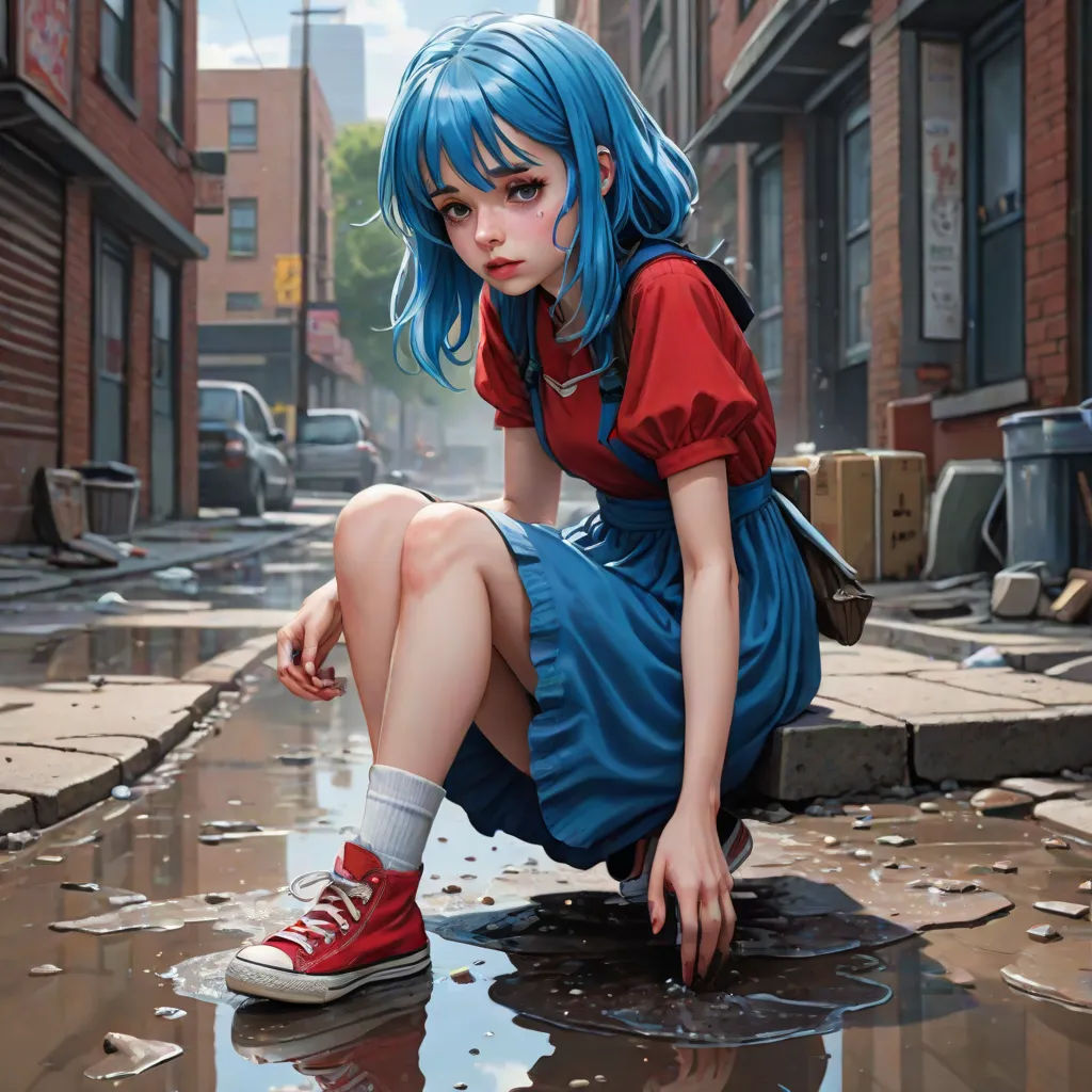a girl sitting on the ground in a puddle of water with her feet up and her hand on her face, photorealism, a hyperrealistic painting, Artgerm, stanley artgerm lau