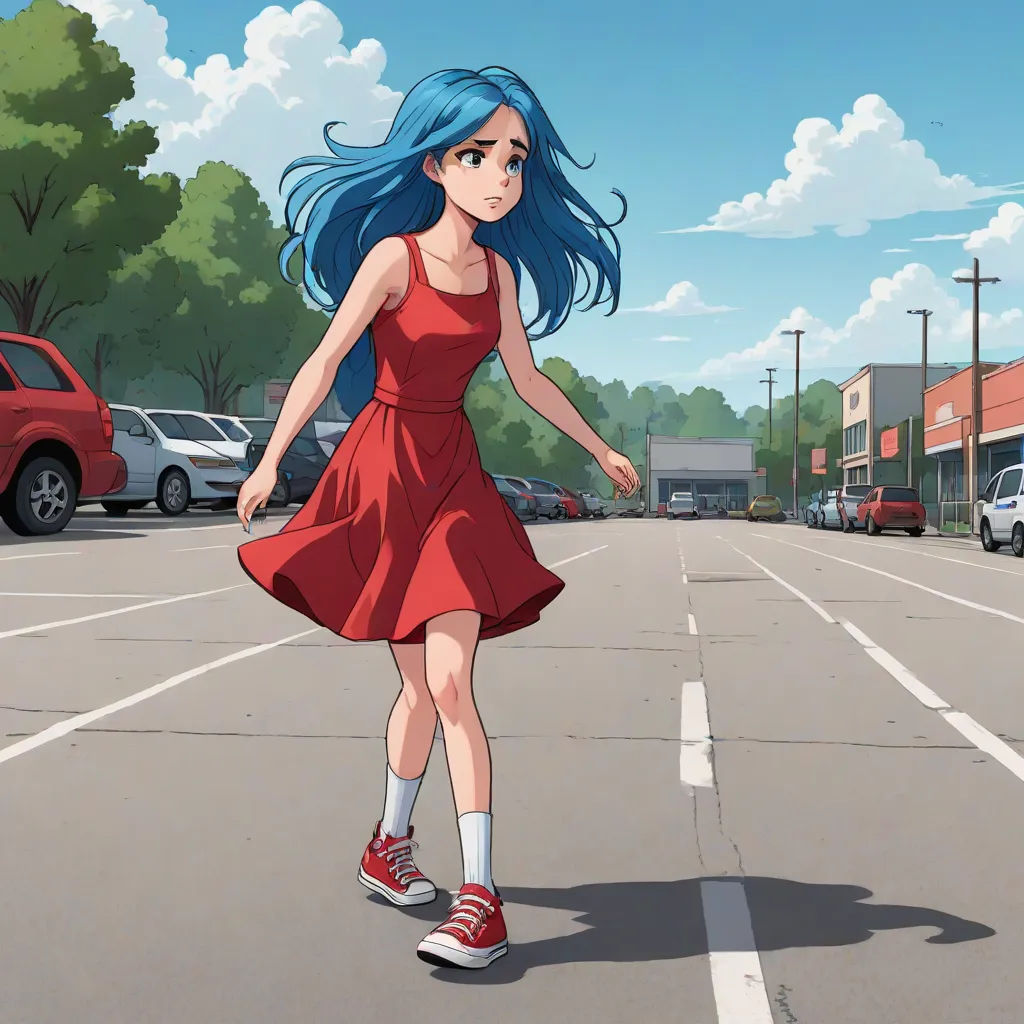 a girl with blue hair is walking down the street in a red dress and sneakers, with her hand on her hip, serial art, concept art, Cyril Rolando, 2 d game art
