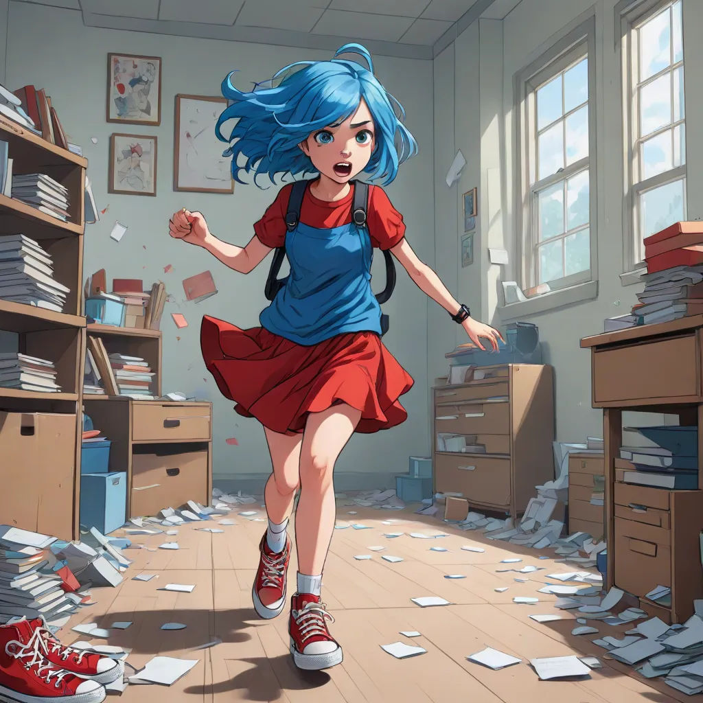 a girl running through a messy room with papers all over the floor and a bunch of boxes on the floor, fantasy art, a detailed painting, Artgerm, rossdraws global illumination