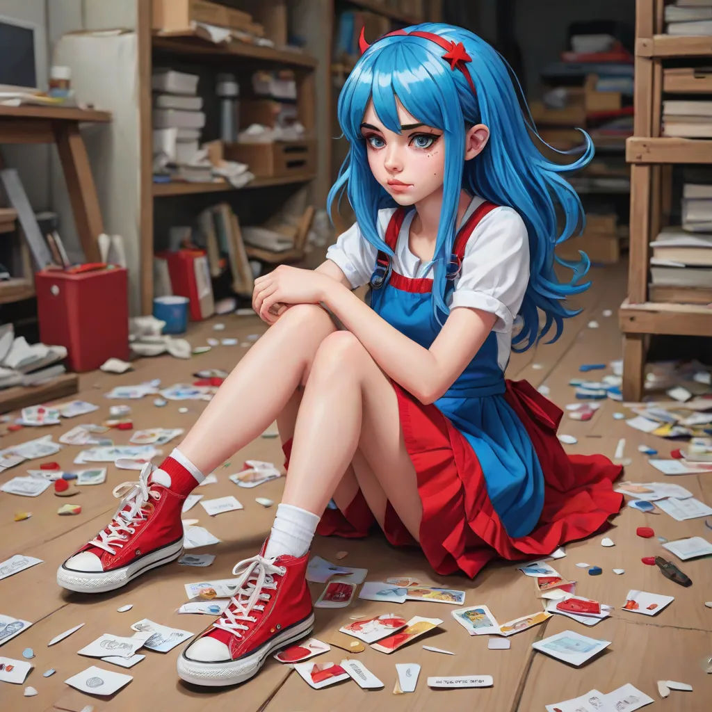 a girl sitting on the floor with a lot of cards all around her and a red shoe on her feet, hyperrealism, a photorealistic painting, Artgerm, anime art