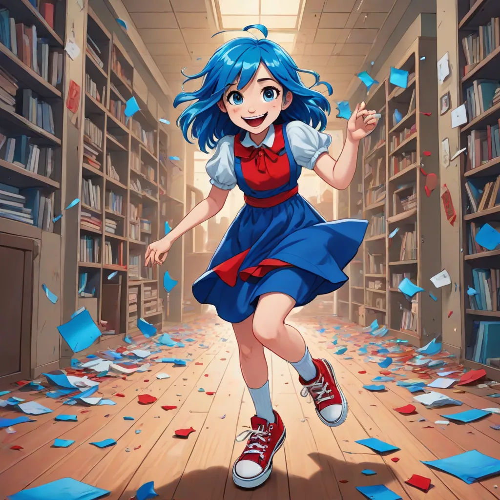 a girl running through a library filled with books and confetti falling from the ceiling and bookshelves, altermodern, a storybook illustration, Alice Prin, official art