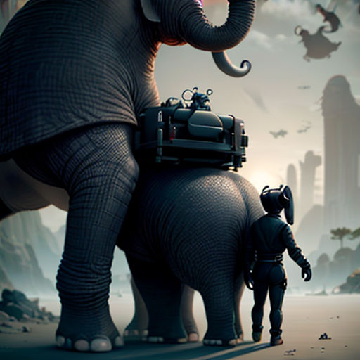 a couple of elephants standing next to each other on a field of grass and rocks with a man standing next to them