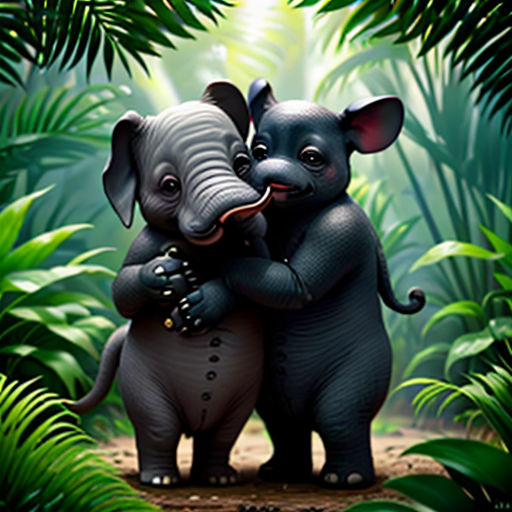 two elephants are hugging in the jungle with a light shining through the trees behind them and a jungle background