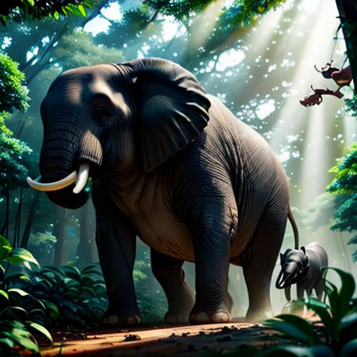 an elephant and a baby elephant in a jungle scene with a light beam coming from the ceiling and a man on a swing