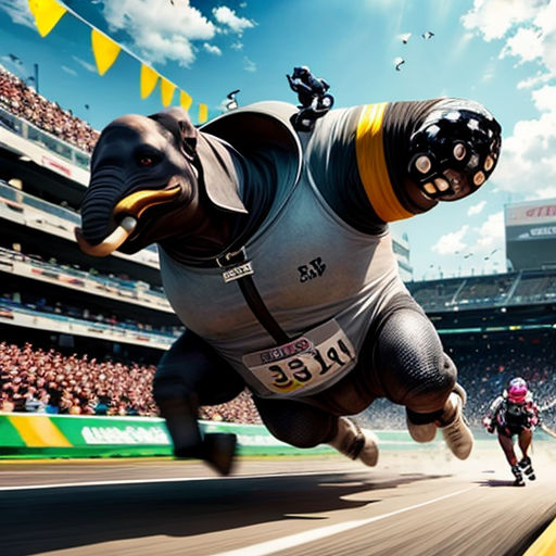 a man riding a skateboard down a race track in a stadium with an elephant mascot on his back