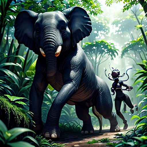 a man riding on the back of an elephant in a jungle with a woman standing next to it on a path