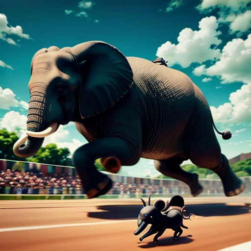 a cartoon elephant chasing a smaller elephant on a race track with a crowd of people watching from the stands