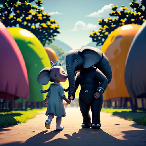 a couple of elephants standing next to each other on a road with trees and grass in the background and a woman holding the trunk of an elephant's trunk