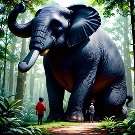 a large elephant standing in the middle of a forest with a person standing next to it and a person standing next to it