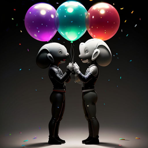 two people holding balloons with confetti on them and confetti falling from the sky behind them