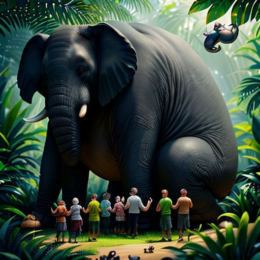 a group of people standing around a giant elephant in the jungle with a monkey hanging from its trunk and a monkey hanging from its trunk