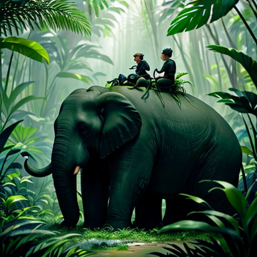 two people riding on the back of an elephant in a jungle setting with trees and plants around them,